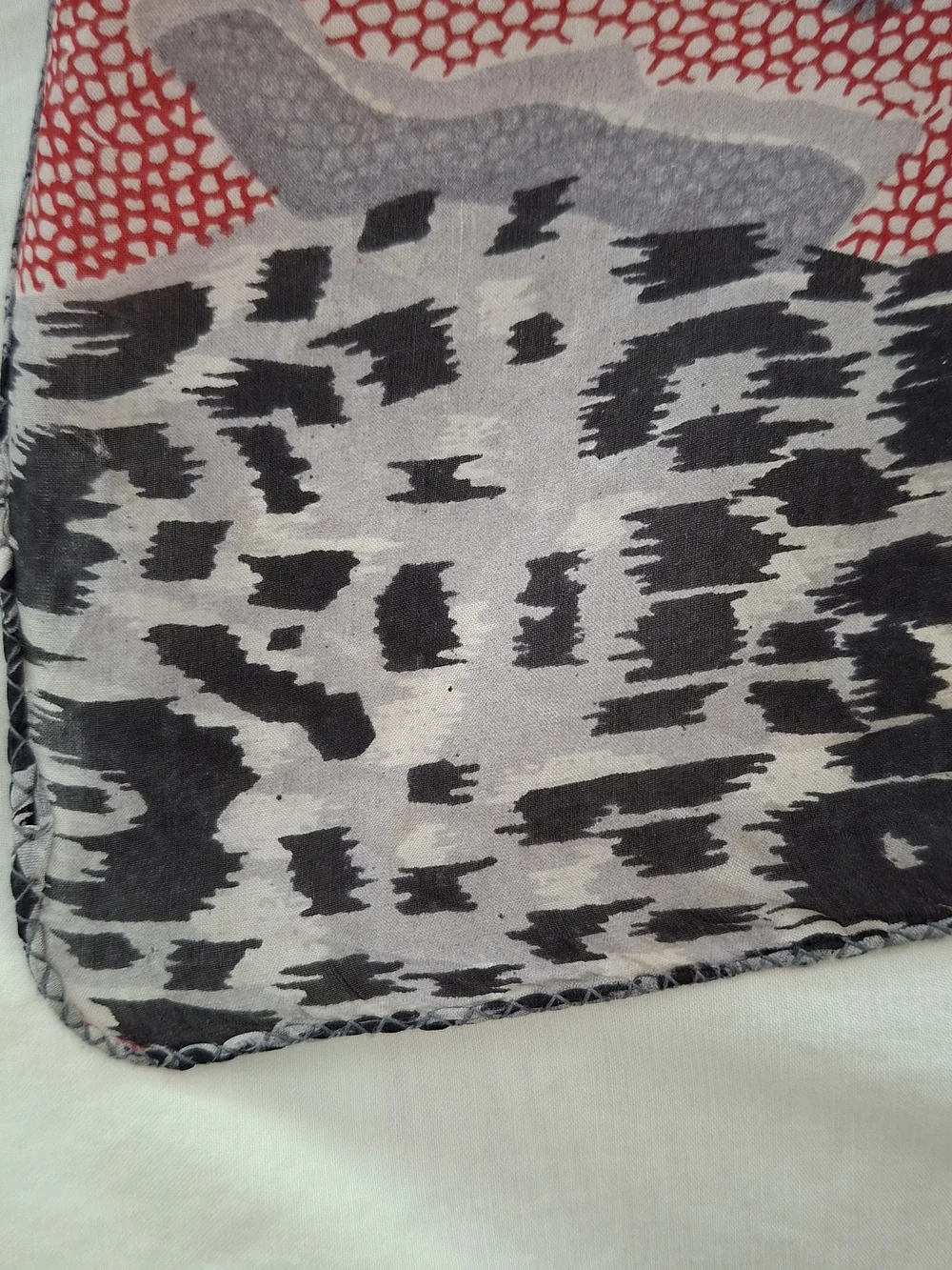 CHICOS LARGE ANIMAL PRINT WITH RED AND GREY LARGE SILK SCARF